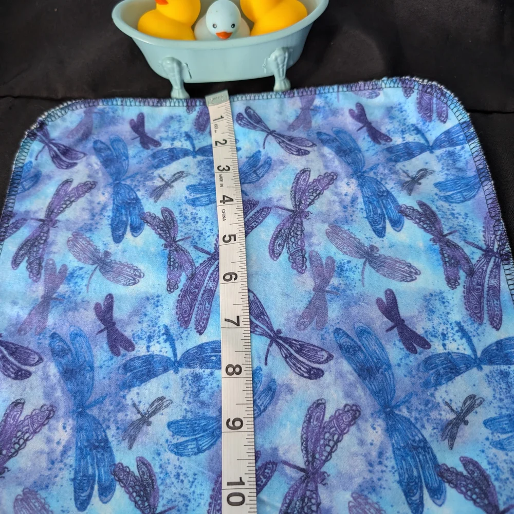 Set Of 4 Hand Crafted 100% Cotton Blue and Purple Dragonfly Wash Cloths